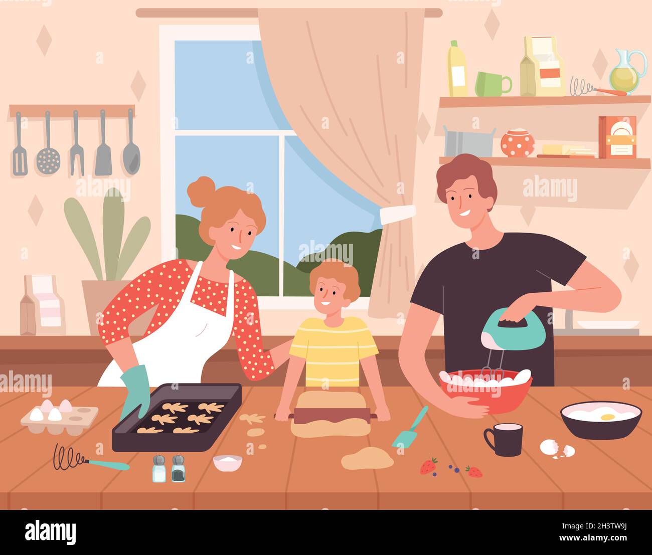 Preparing food on kitchen. Cartoon background with happy family characters making delicious products chef baking vector Stock Vector