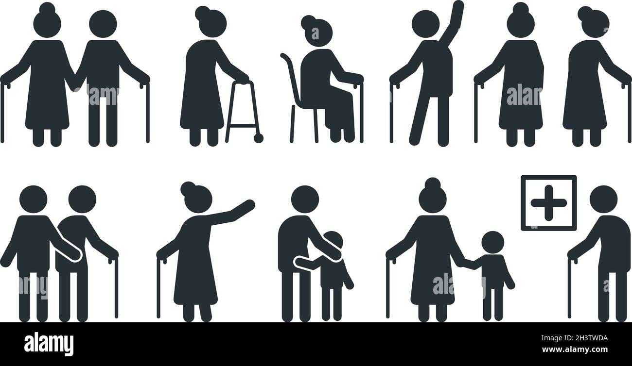 Elderly people symbols. Old persons stylized pictogram seniors in various pose vector set Stock Vector