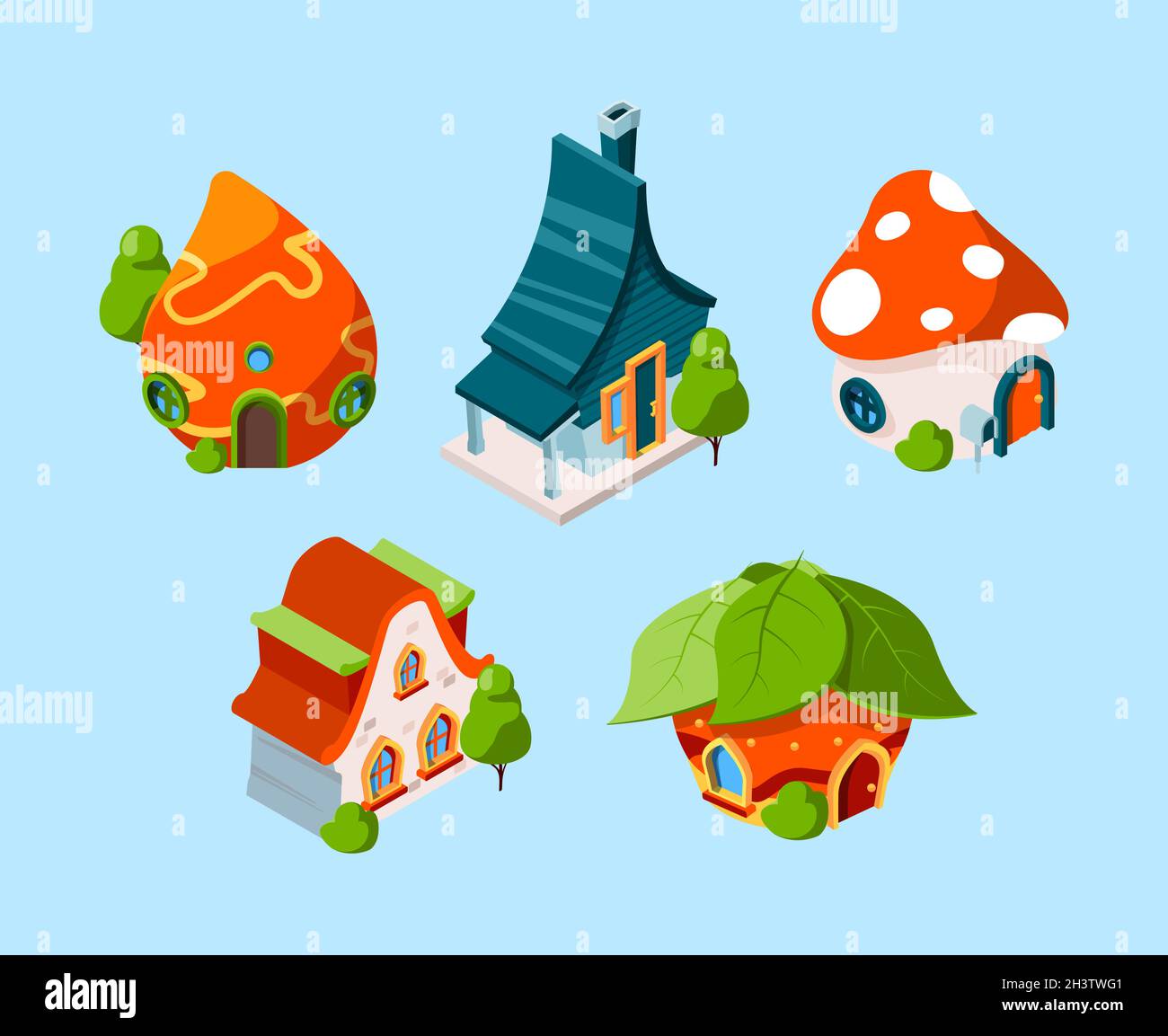 Fairytale house isometric. Fantasy buildings for 3d games cartoon construction vector Stock Vector