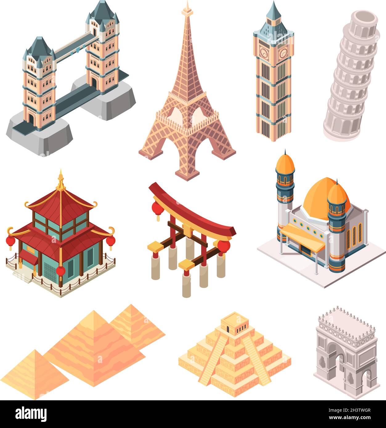 Historical famous landmarks. Isometric symbols for travellers buildings statue bridges pyramid worldwide landmarks collection Stock Vector