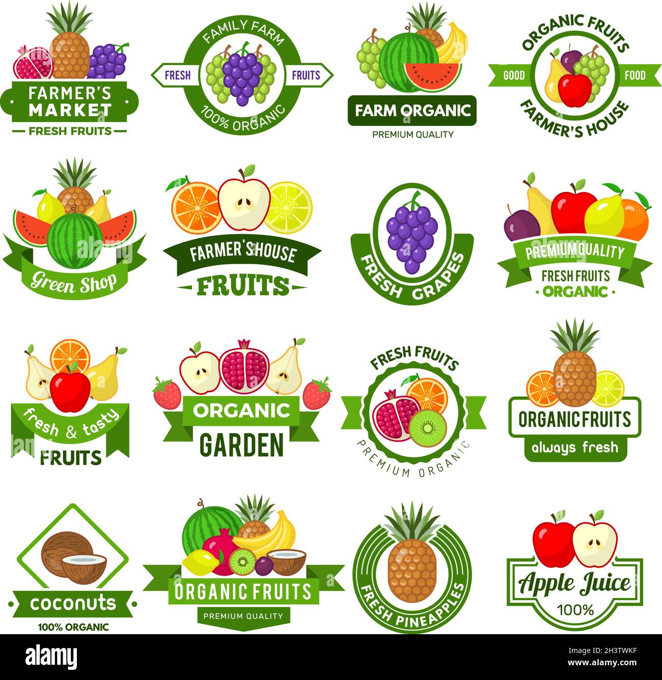 Fruits logos. Decoration badges with healthy fruits fresh farm eco ...