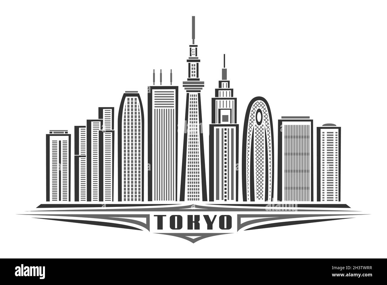 Vector illustration of Tokyo, monochrome horizontal poster with linear design famous tokyo city scape, urban line art concept with unique decorative l Stock Vector