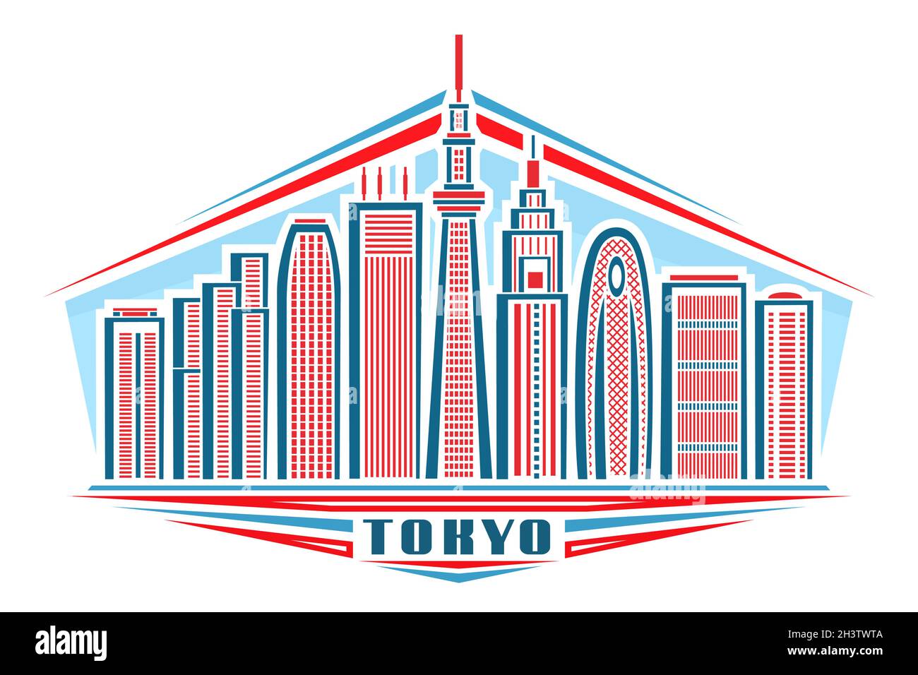 Vector illustration of Tokyo, horizontal poster with linear design famous tokyo city scape on day sky background, asian urban line art concept with de Stock Vector