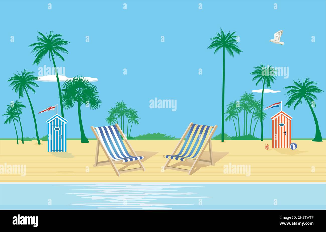 Beach with deck chair under palm trees - vector illustration Stock Vector