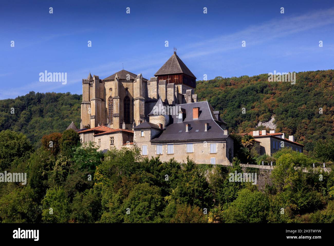 Saint Bertrand de Comminges is a Romanesque-Gothic. cathedral in the Garonne Valley. It is part of the Saint Jaques Way to Santiago de Compostela. Stock Photo