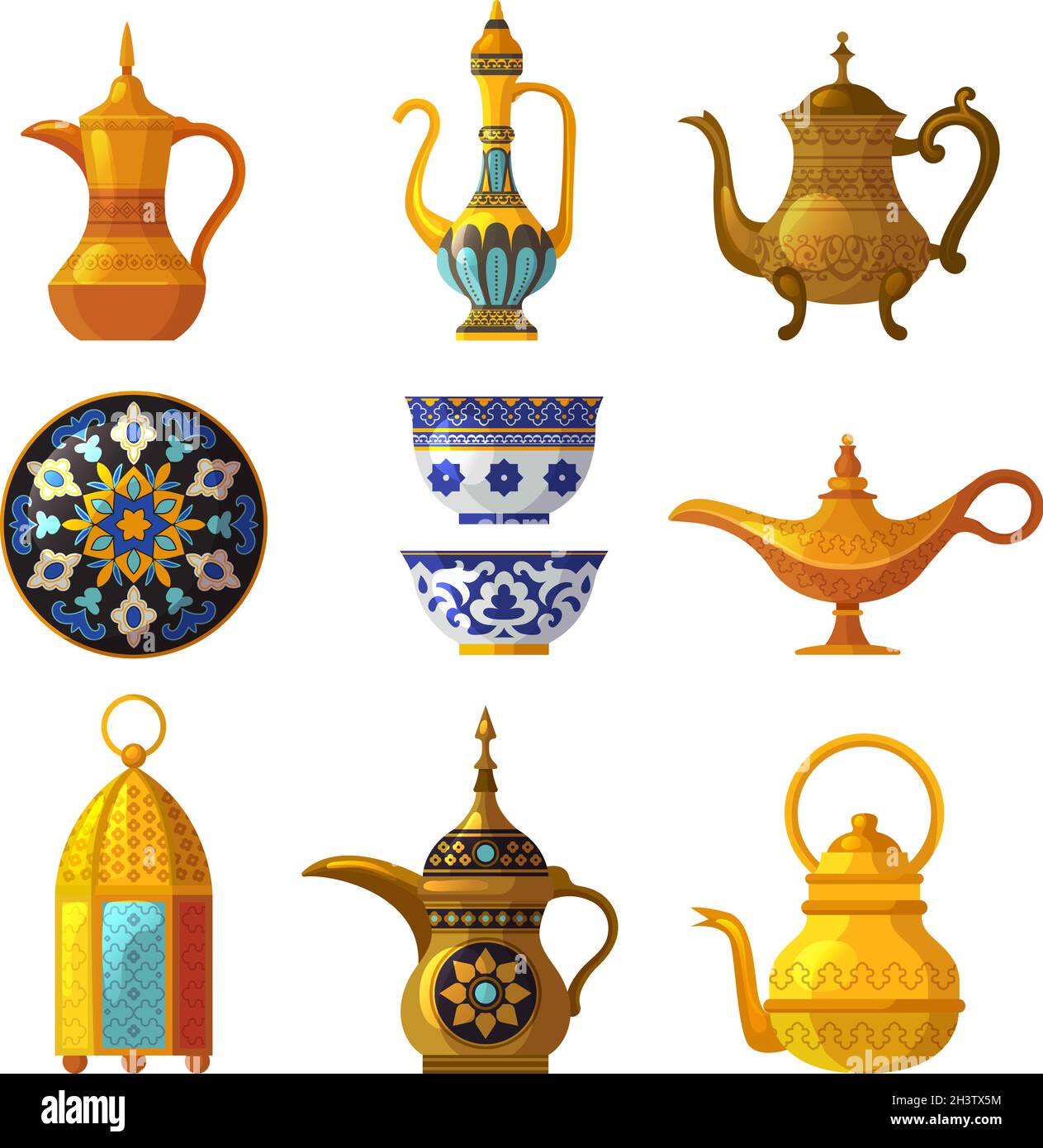 Old arabic heritage. Traditional cultural decorated pottery with logos saudi symbols vector arabia set Stock Vector