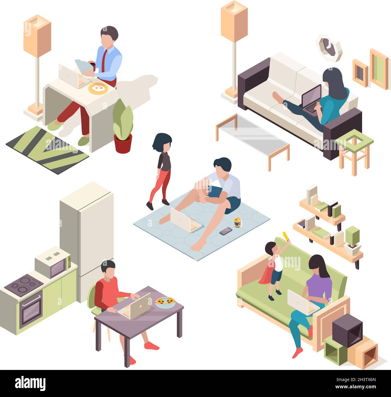 Work at home isometric. People working at laptop sitting on comfortable places freelancers remote garish vector set Stock Vector
