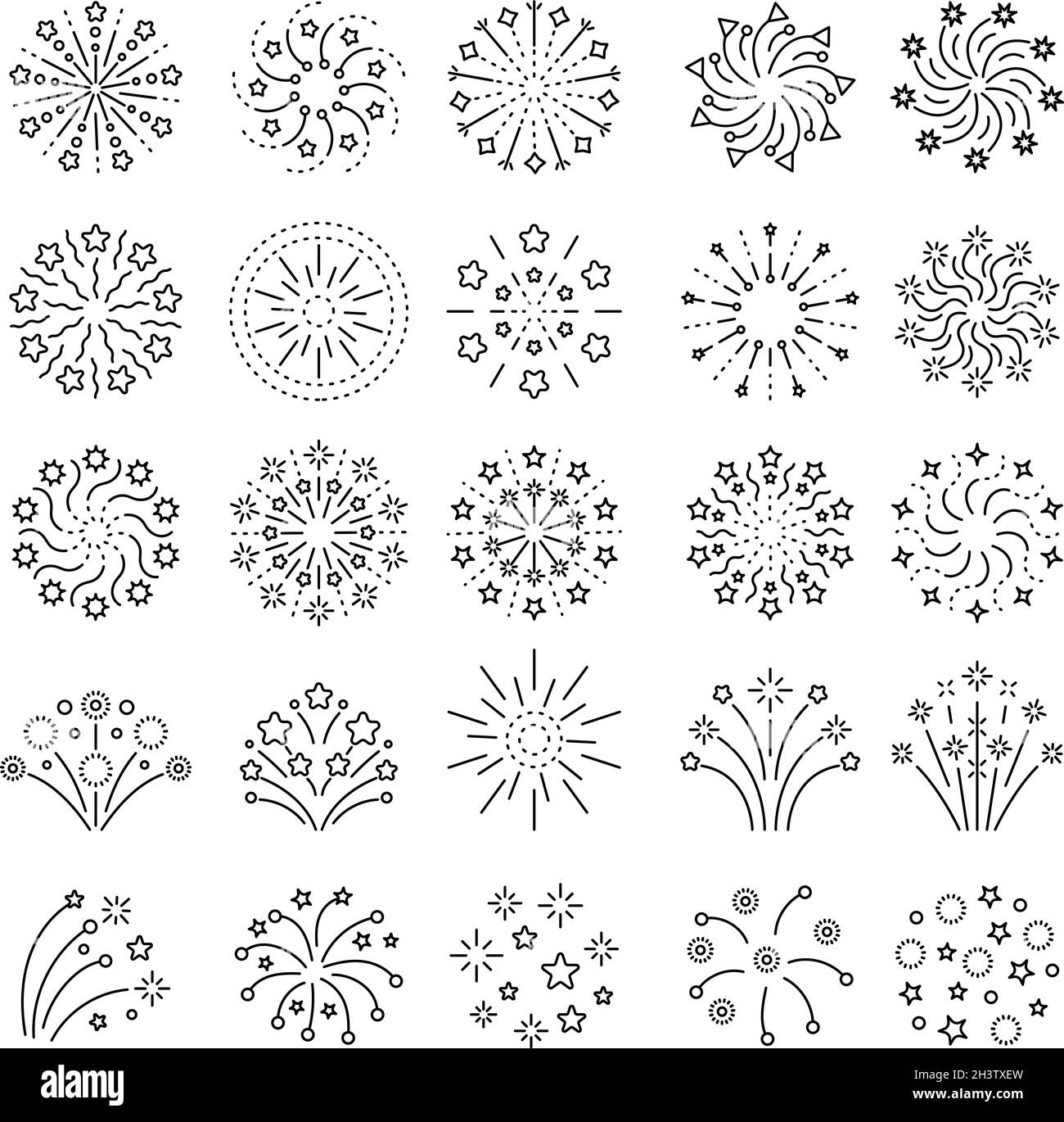 Fireworks icon. Sparks boom stars entertainment festival symbols recent vector abstract fireworks set Stock Vector