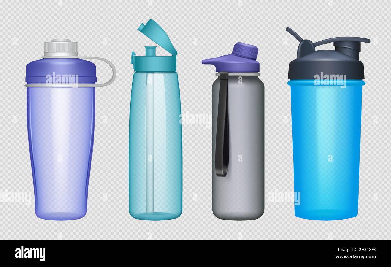 Sport bottles. Realistic fitness accessories water bottles protein