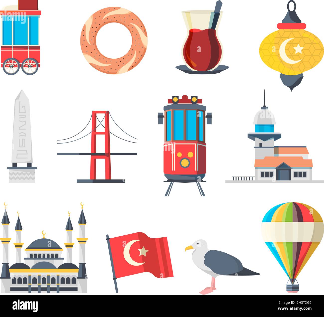 Turkey landmarks. Travellers set of istanbul cultural objects and muslim buildings national mosque vector pictures collection Stock Vector