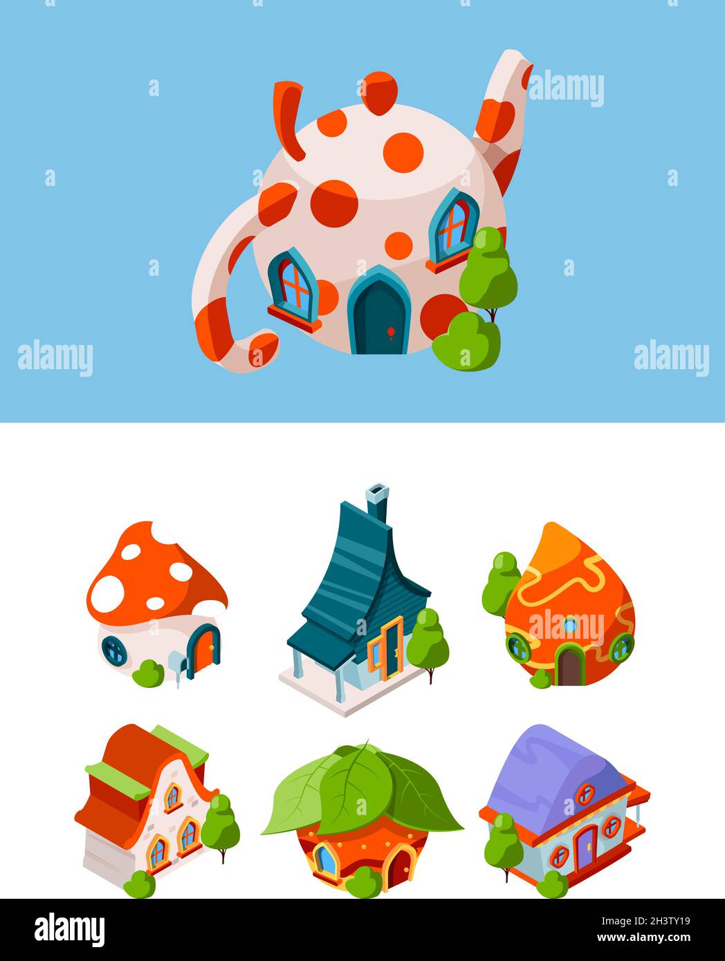Fantasy isometric buildings. Fairytale construction medieval cottage vector games objects isolated Stock Vector