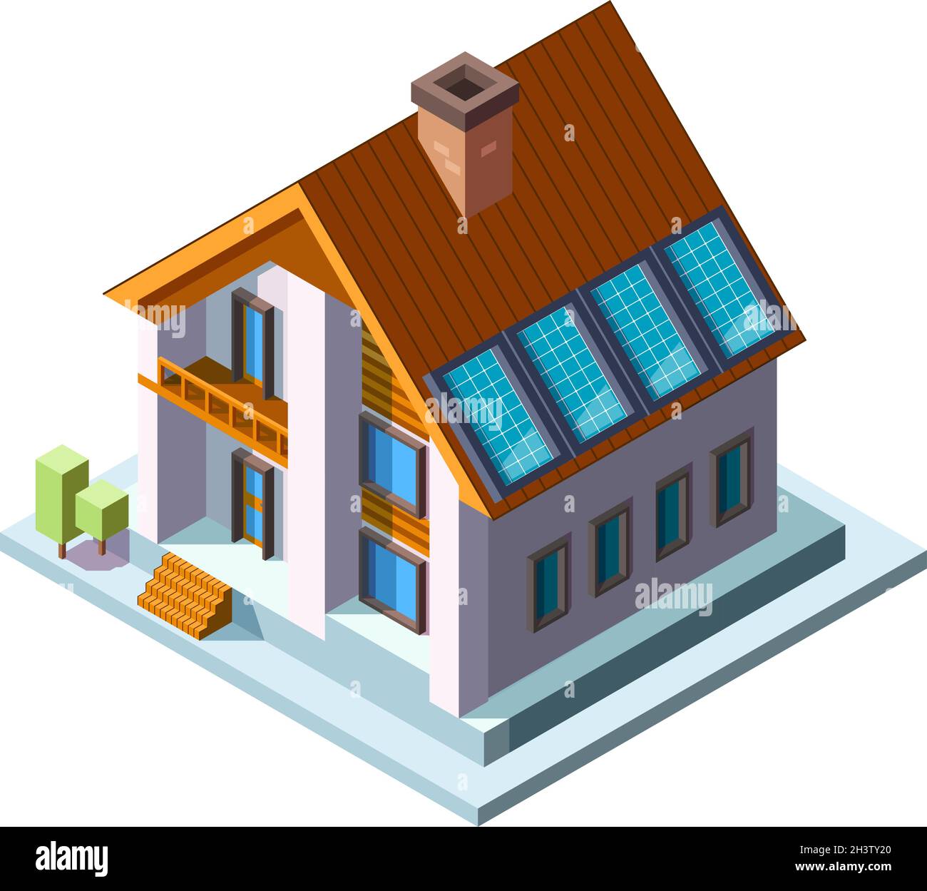 Solar panels on roof. Green eco energy sunny economy photovoltaic panels vector isometric house Stock Vector
