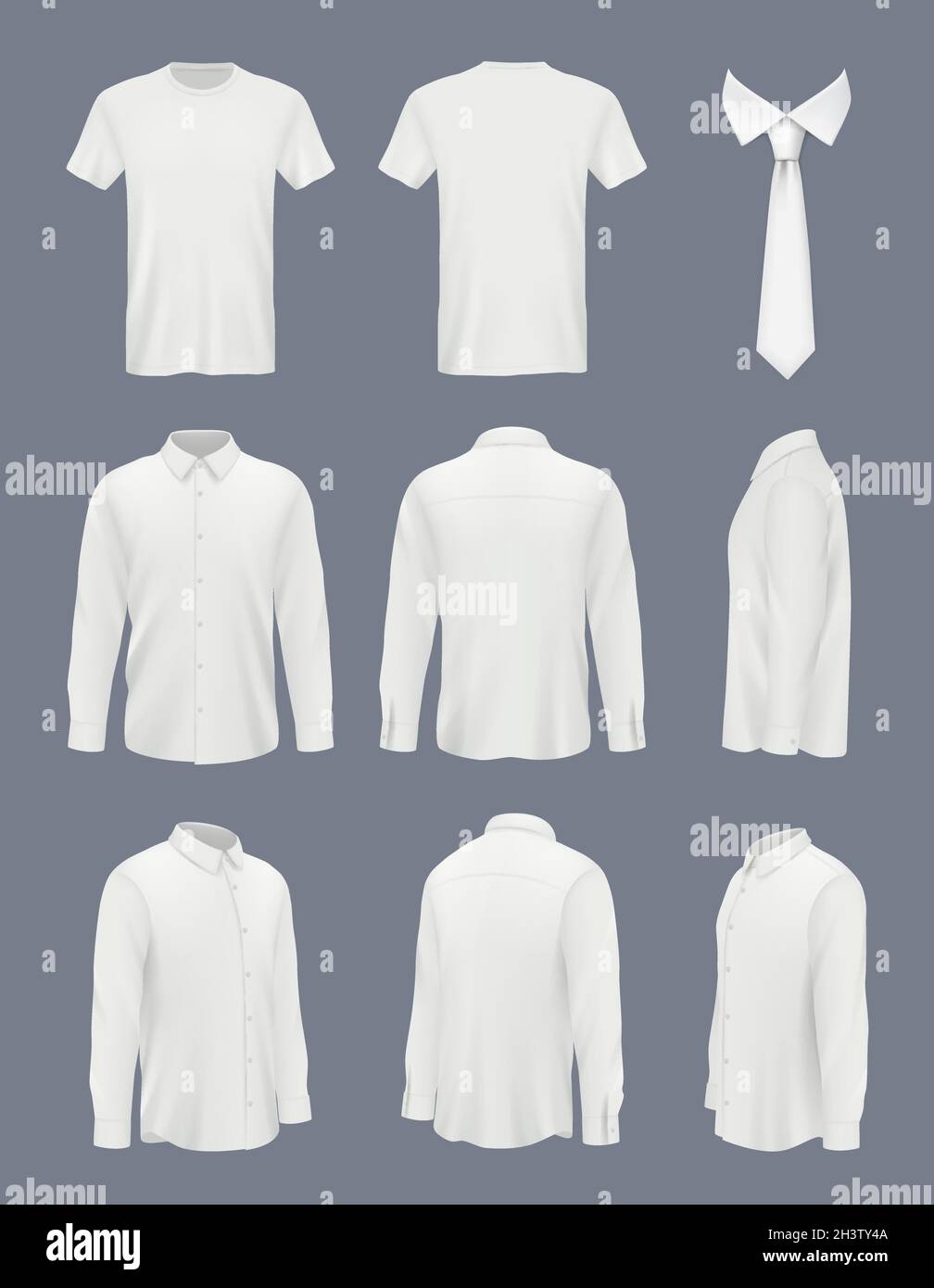 Business shirt for men. Male luxury shirt with long sleeve and tie clothes mockup uniforms decent vector pictures set Stock Vector