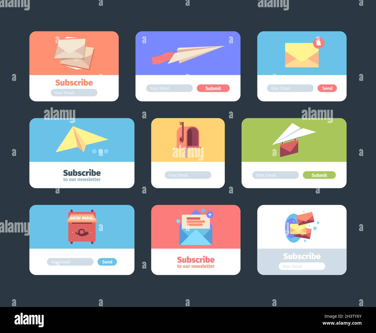 Email subscription forms. Web ui templates for newsletter sign form layout design for subscribers mailbox symbols garish vector set Stock Vector