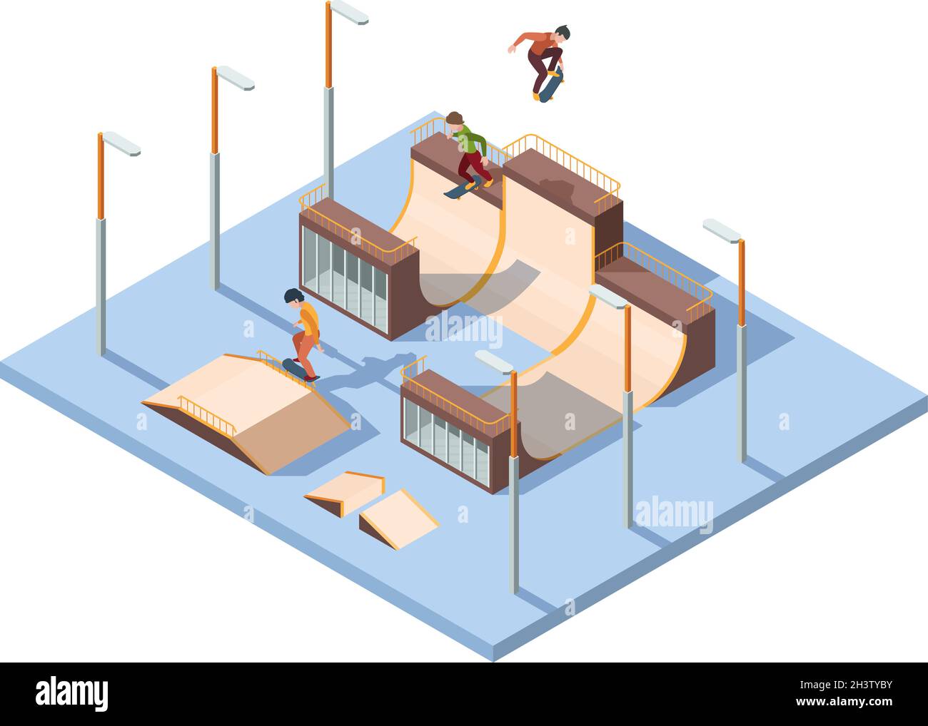 Skate park. Young teenagers active riders and jumpers extreme sport activities skateboard performance vector isometric background Stock Vector