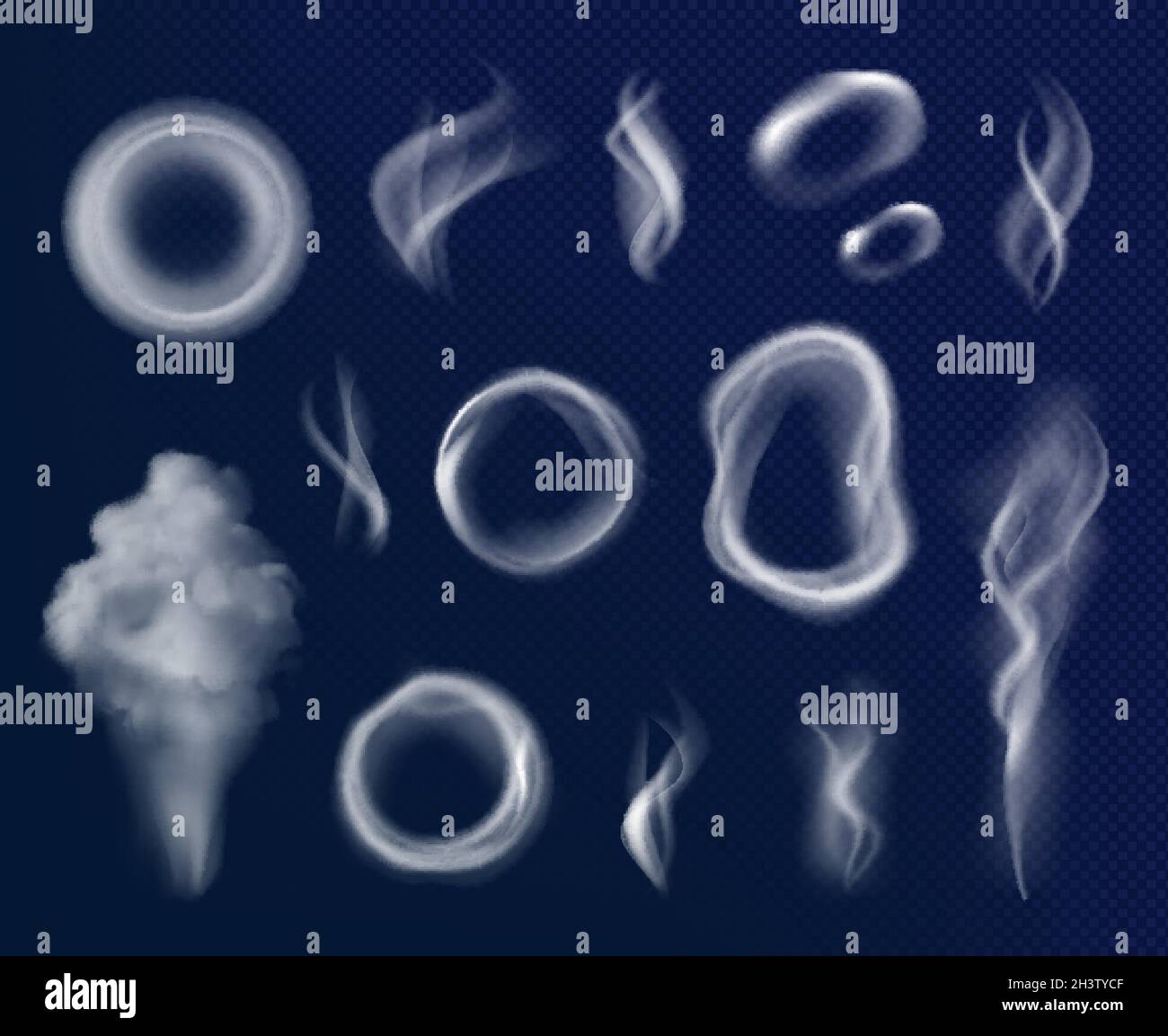 Cigarettes smoke circles. Gray flowing steam shapes fumes toxic smoke ...