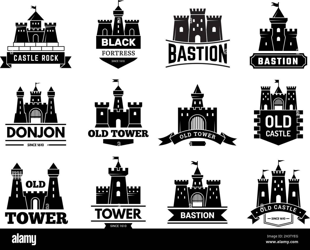 Ancient castles logo. Medieval fortress with towers vector badges or logotypes set Stock Vector