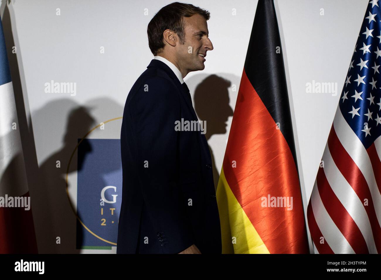 Rome, Italy. 30th Oct, 2021. French President Emmanuel Macron arrives for a meeting with German Chancellor Angela Merkel, US President Joe Biden and UK Prime Minister Boris Johnson, on the Joint Comprehensive Plan of Action (JCPOA), on the sidelines of the G20 World Leaders Summit at Rome Convention Center (La Nuvola). Credit: Oliver Weiken/dpa/Alamy Live News Stock Photo