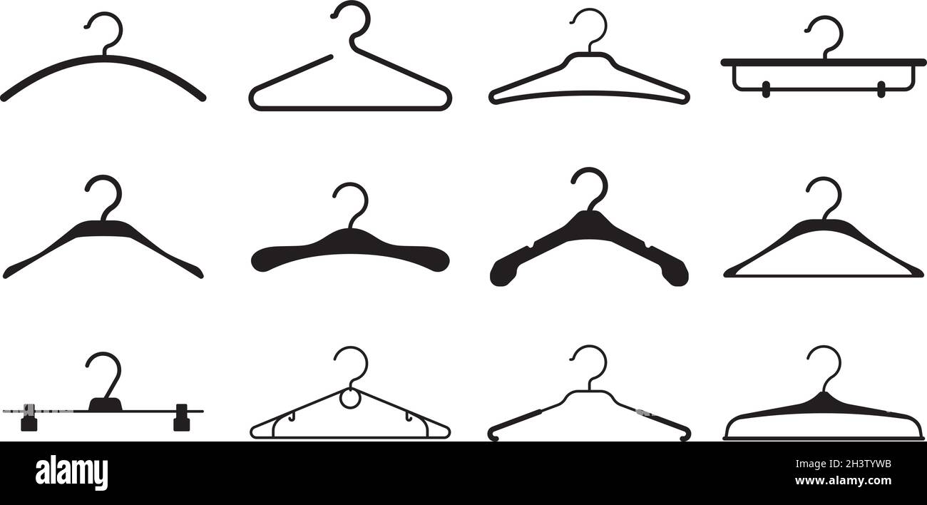 Clothes hangers. Storage wardrobe items fabric hangers with hook black silhouettes vector pictogram Stock Vector