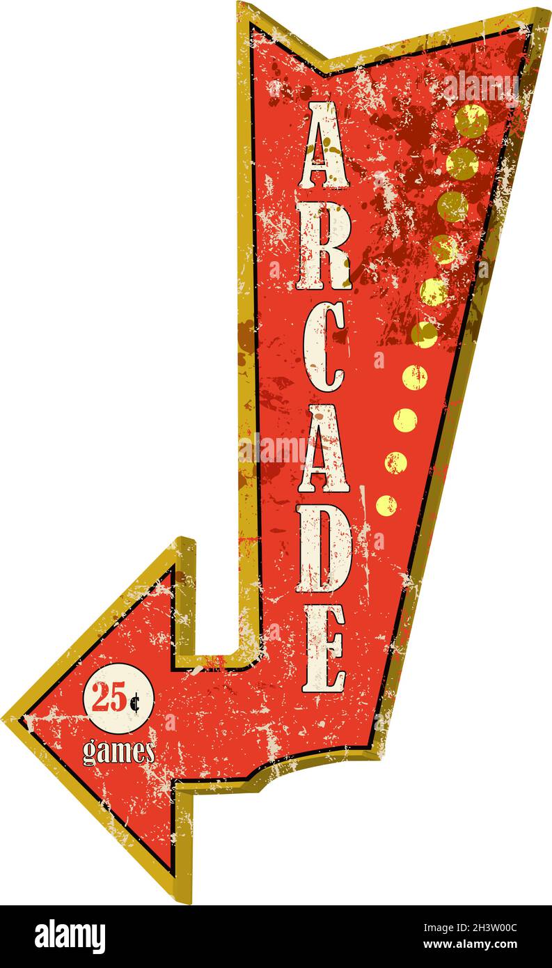 grungy vintage amusement arcade or amusement hall advertising sign,vector illustration Stock Vector