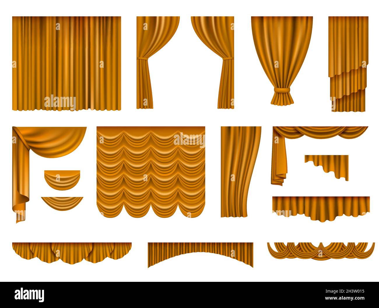 Luxury curtains realistic. Golden interior decoration wavy curtains ...