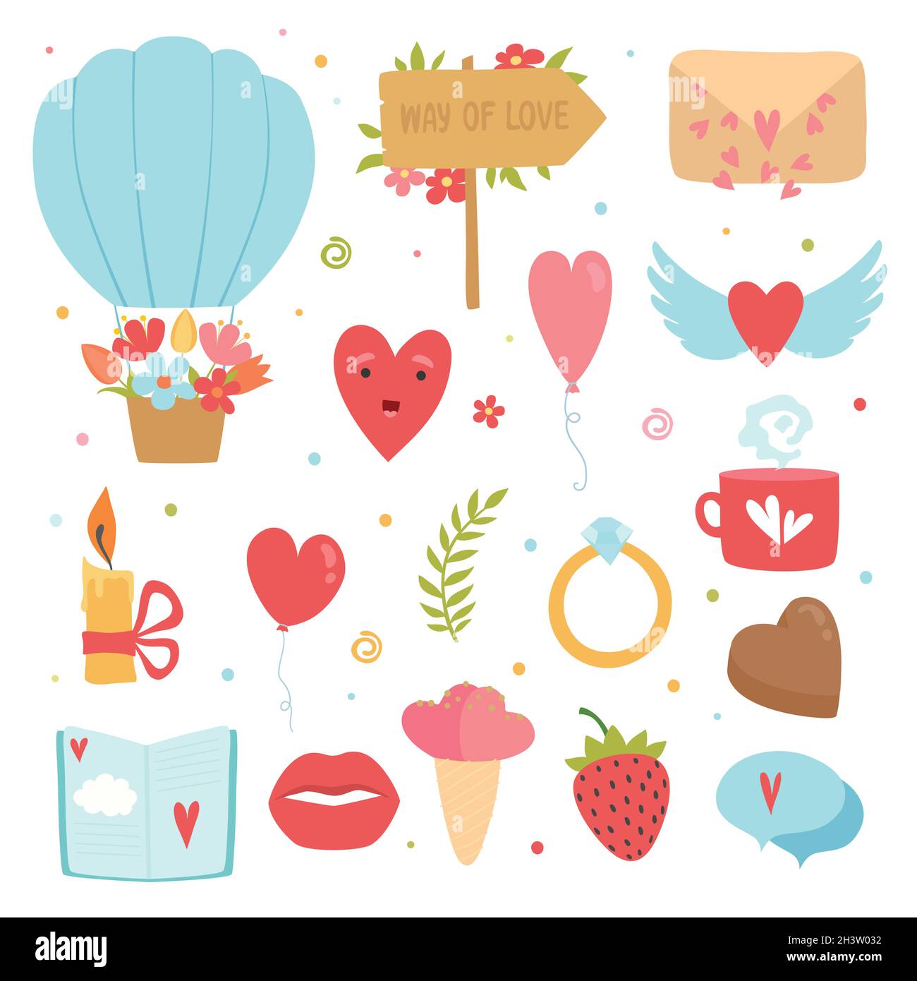 Love concept icons. Romance symbols marriage flowers hearts envelope cake vector flat pictures collection Stock Vector