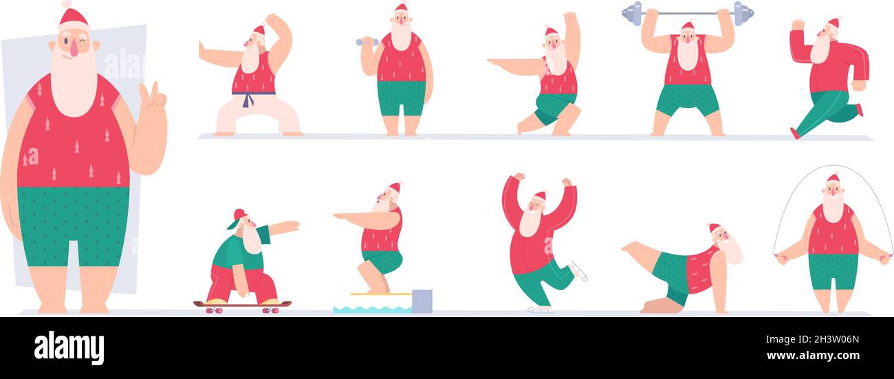 Active santa. Sport fairytale characters santa making exercises gym workout fitness in winter vector pictures Stock Vector