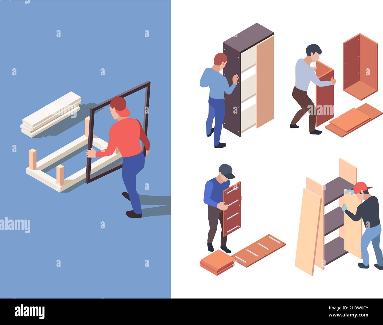 Furniture assembly. People crafting wooden furnitures with instructions garish vector isometric characters workers Stock Vector
