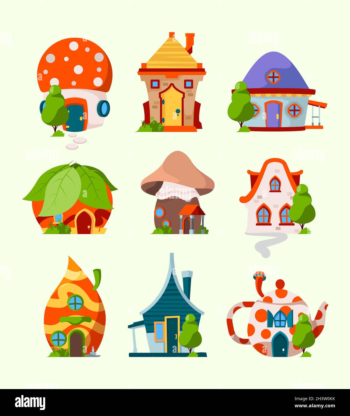 Cute funny houses. Magic fairytale buildings leprechaun room elf forest castles vector cartoon pictures Stock Vector