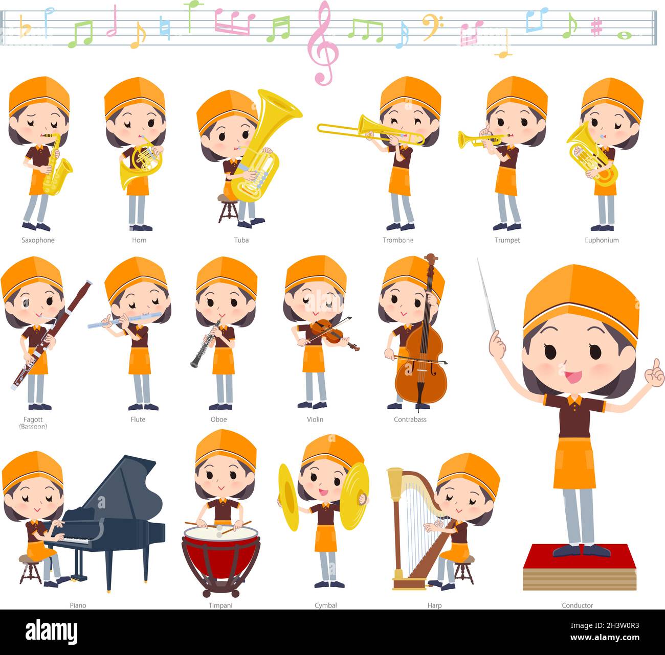 A set of Fast food clerk woman on classical music performances.It's vector art so easy to edit. Stock Vector