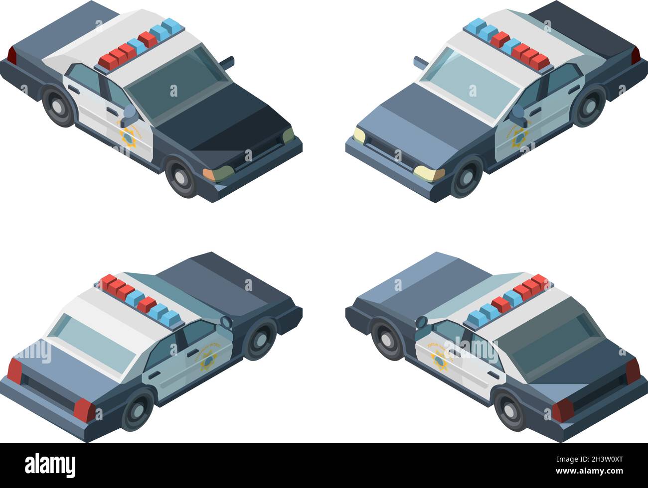 Police car. Emergency isometric vehicles different views police chase vector Stock Vector