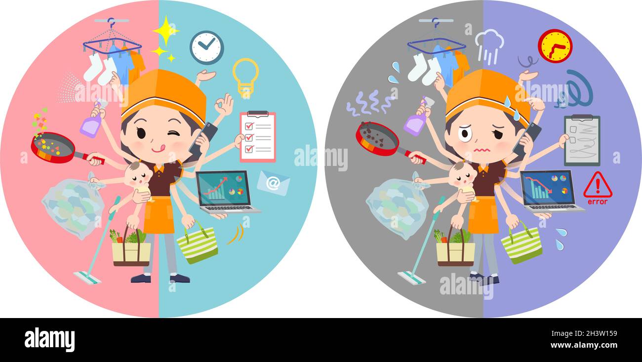 A set of Fast food clerk woman who perform multitasking in offices and private.It's vector art so easy to edit. Stock Vector