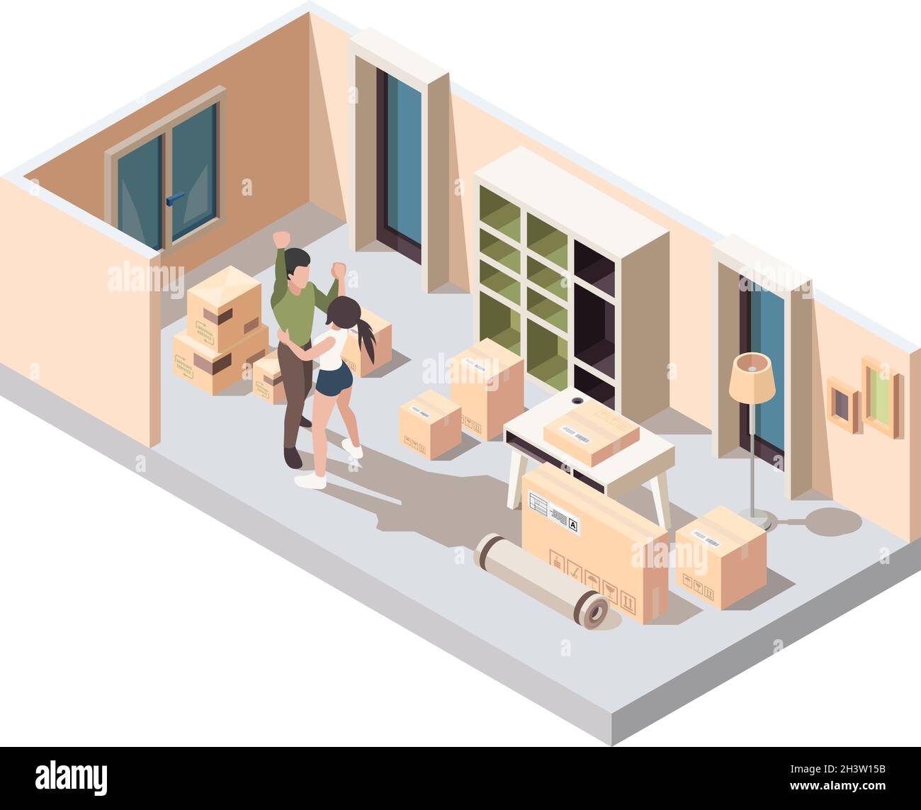 Couple moving packing. Happy young family opening packages in new house home apartments vector isometric concept Stock Vector