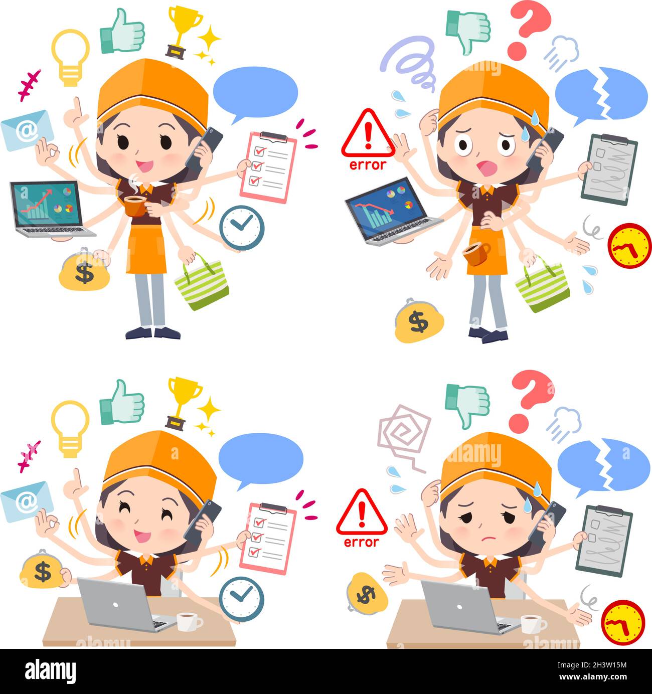 A set of Fast food clerk woman who perform multitasking in the office.It's vector art so easy to edit. Stock Vector