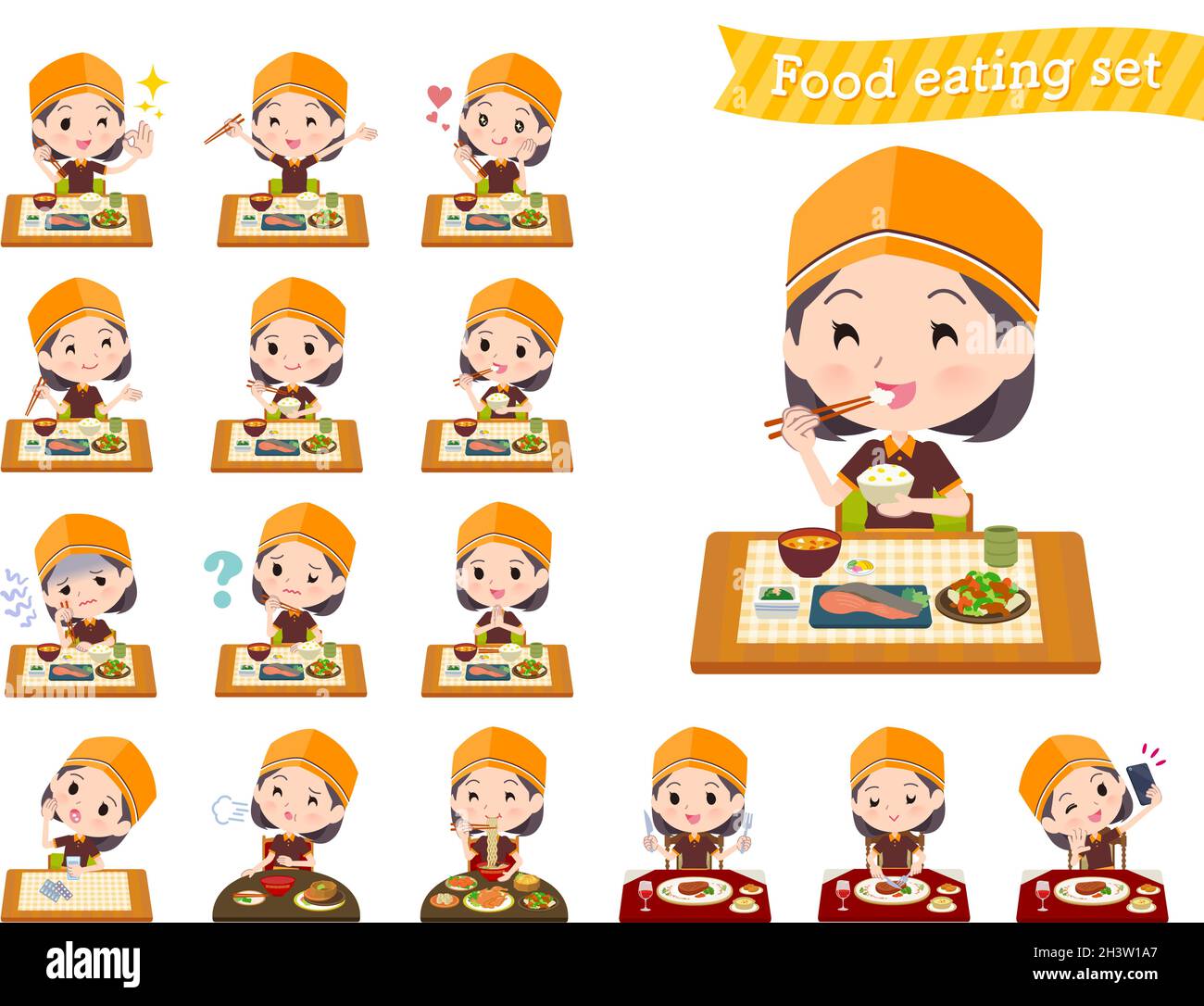 A set of Fast food clerk woman about meals.It's vector art so easy to edit. Stock Vector