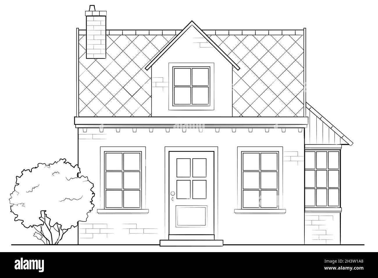 Drawing of classic family house - black and white illustration Stock Vector