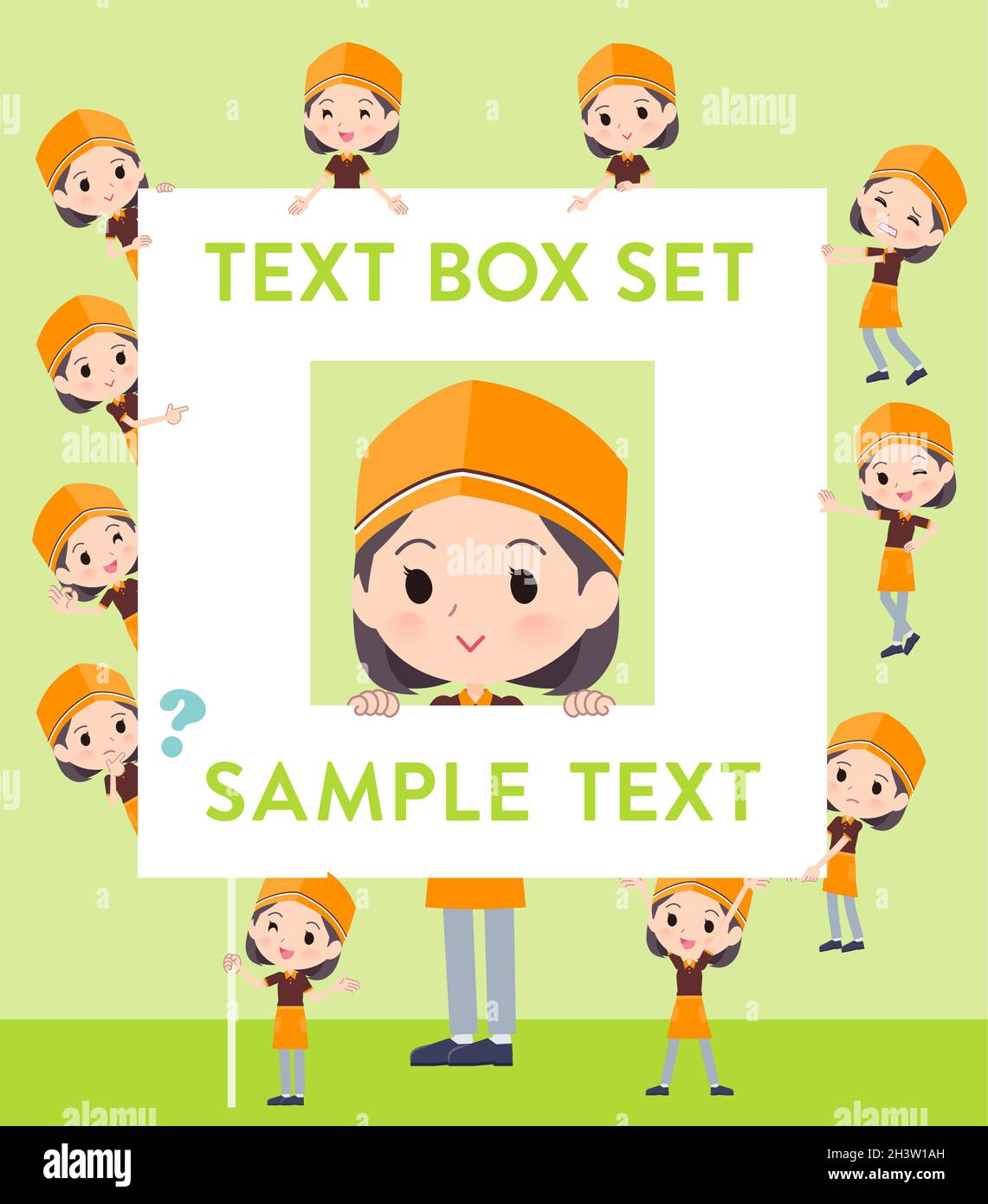 A set of Fast food clerk woman with a message board.Since each is divided, you can move it freely.It's vector art so easy to edit. Stock Vector