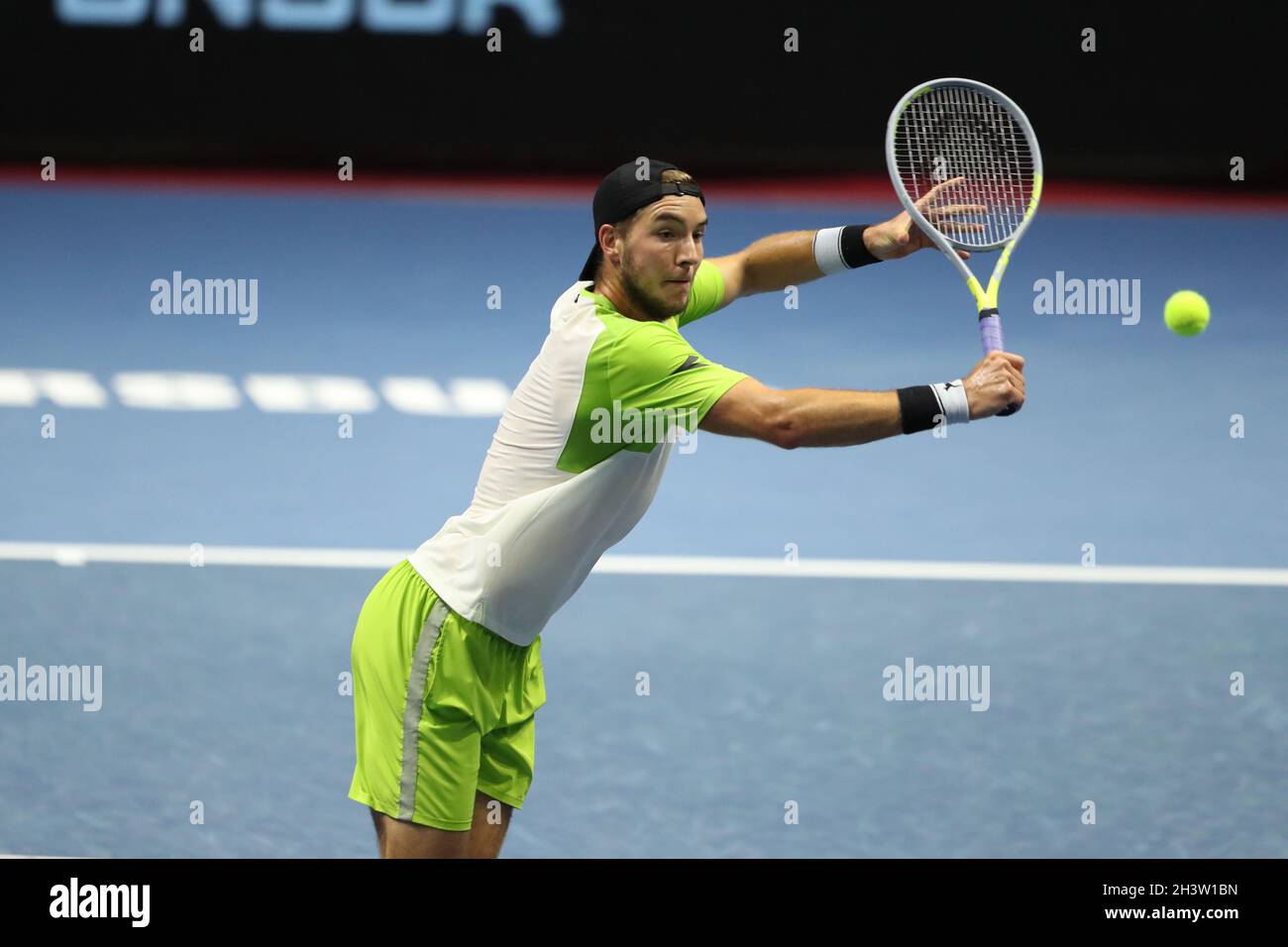 St. Petersburg, Russia. 30th Oct, 2021. Jan-Lennard Struff of Germany seen  in action during a match against Taylor Fritz of USA at the St. Petersburg  Open, 2021 tennis tournament at Sibur Arena.(Final