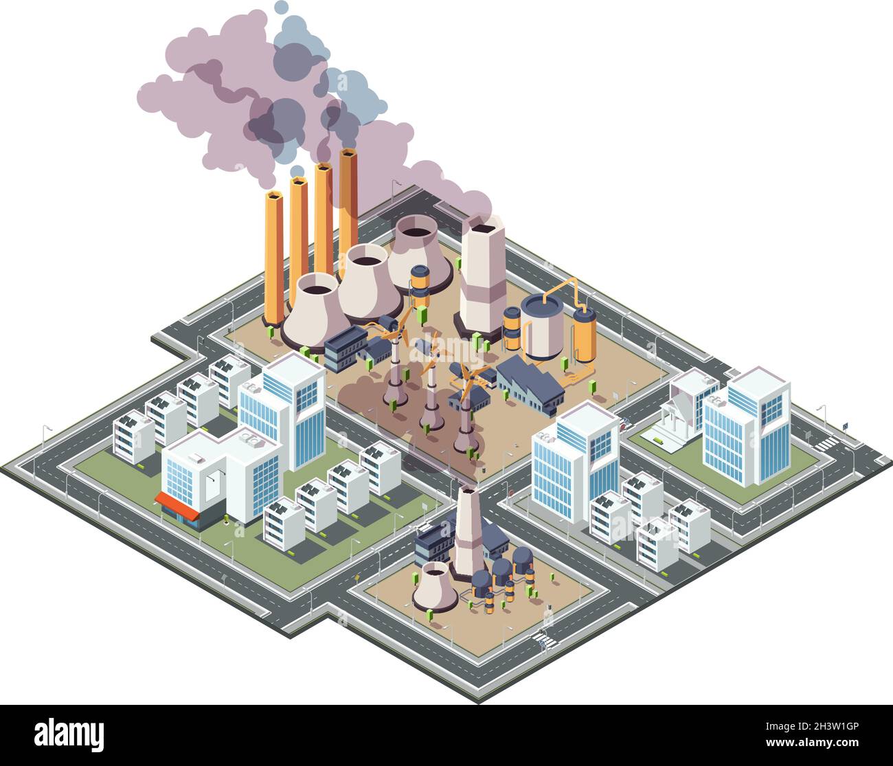 Industrial city. Urban factory pollution air garbage in city 3d low poly isometric buildings vector Stock Vector