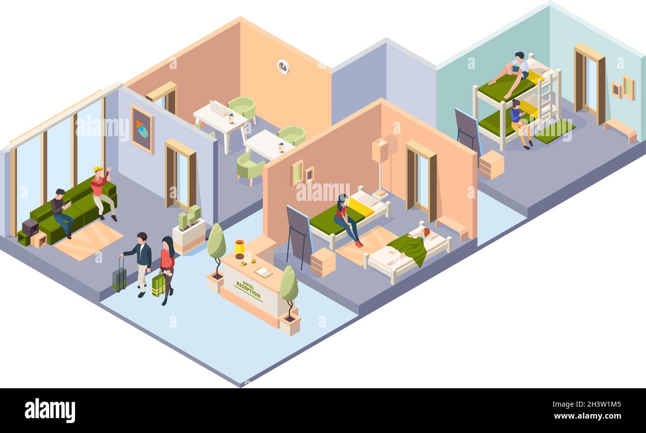 Hostel interior. Different rooms in hotel for students bedrooms restroom dining room with guest relaxing travellers vector isometric illustration Stock Vector