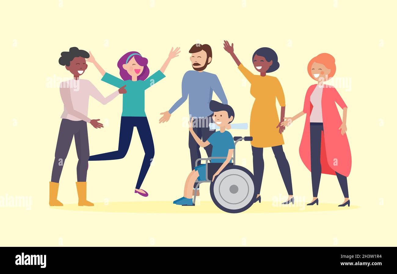Disability day poster. Happy disabled man in wheelchair and friends. Equal opportunities and social adaptation for special needs people vector concept Stock Vector
