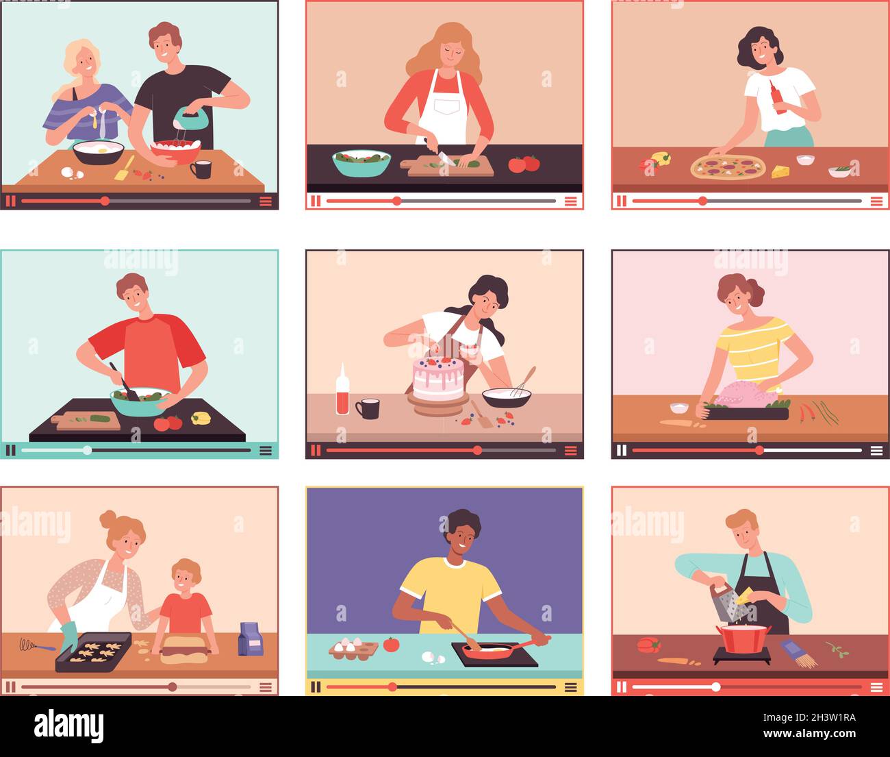 Digital culinary. Food bloggers preparing products demonstration cooking processes on tablet smartphone screen personal culinary vector concept Stock Vector