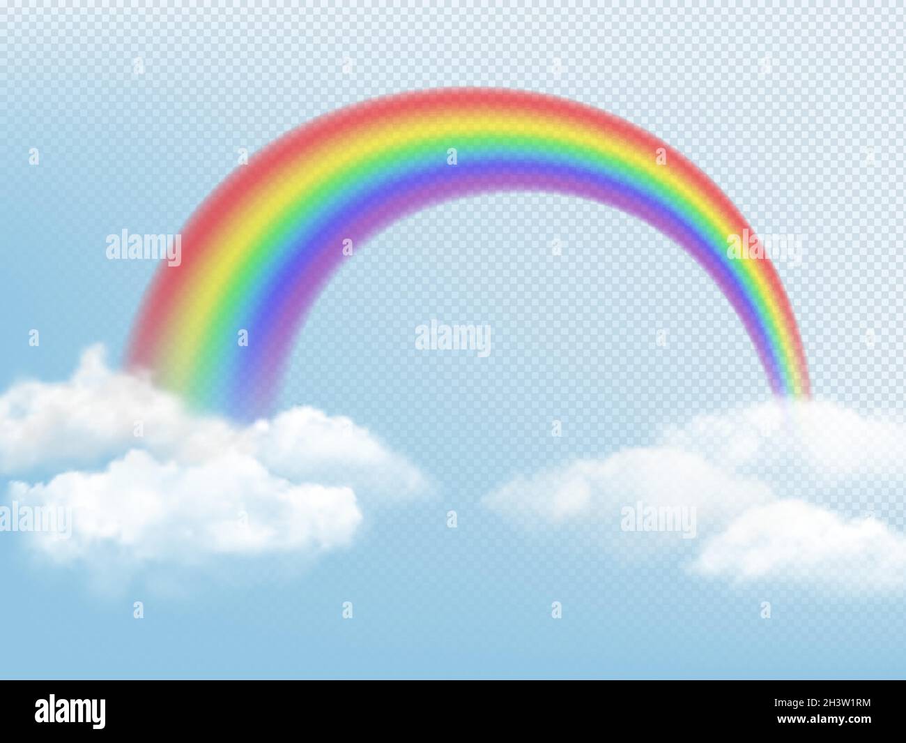 Rainbow in sky. Weather background with clouds and colored arch of rainbow vector realistic picture Stock Vector