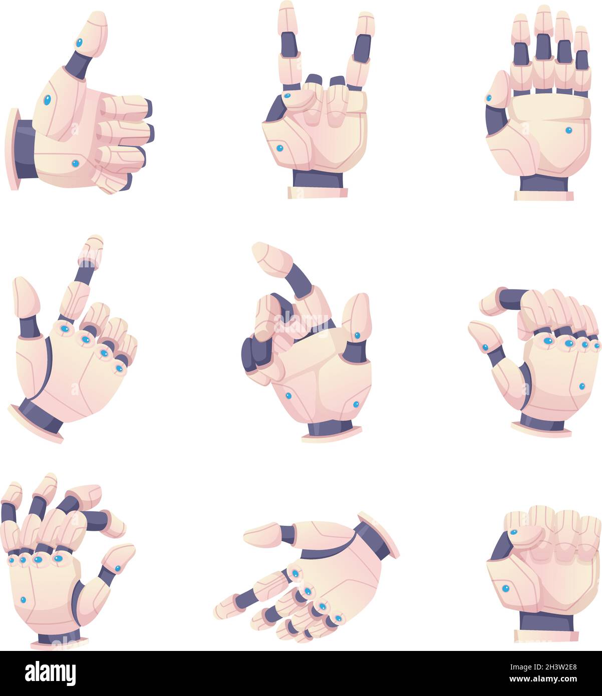 Bionic human hands. Robots gestures helping prosthesis vector set Stock Vector