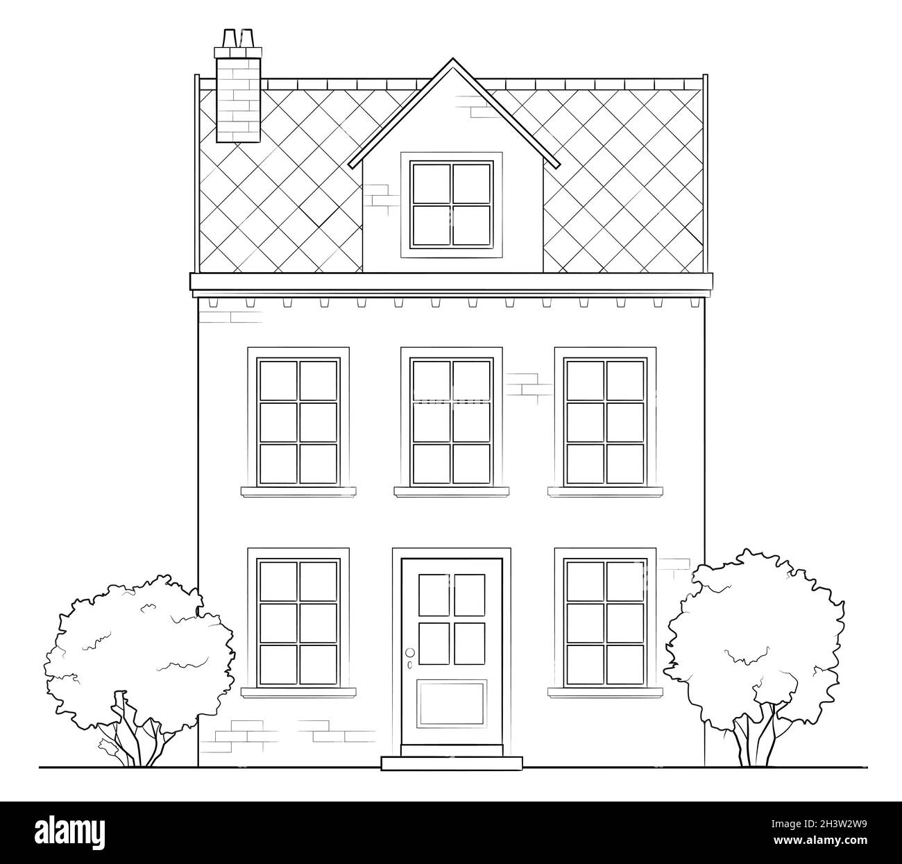 Drawing of classic family house - black and white illustration Stock Vector