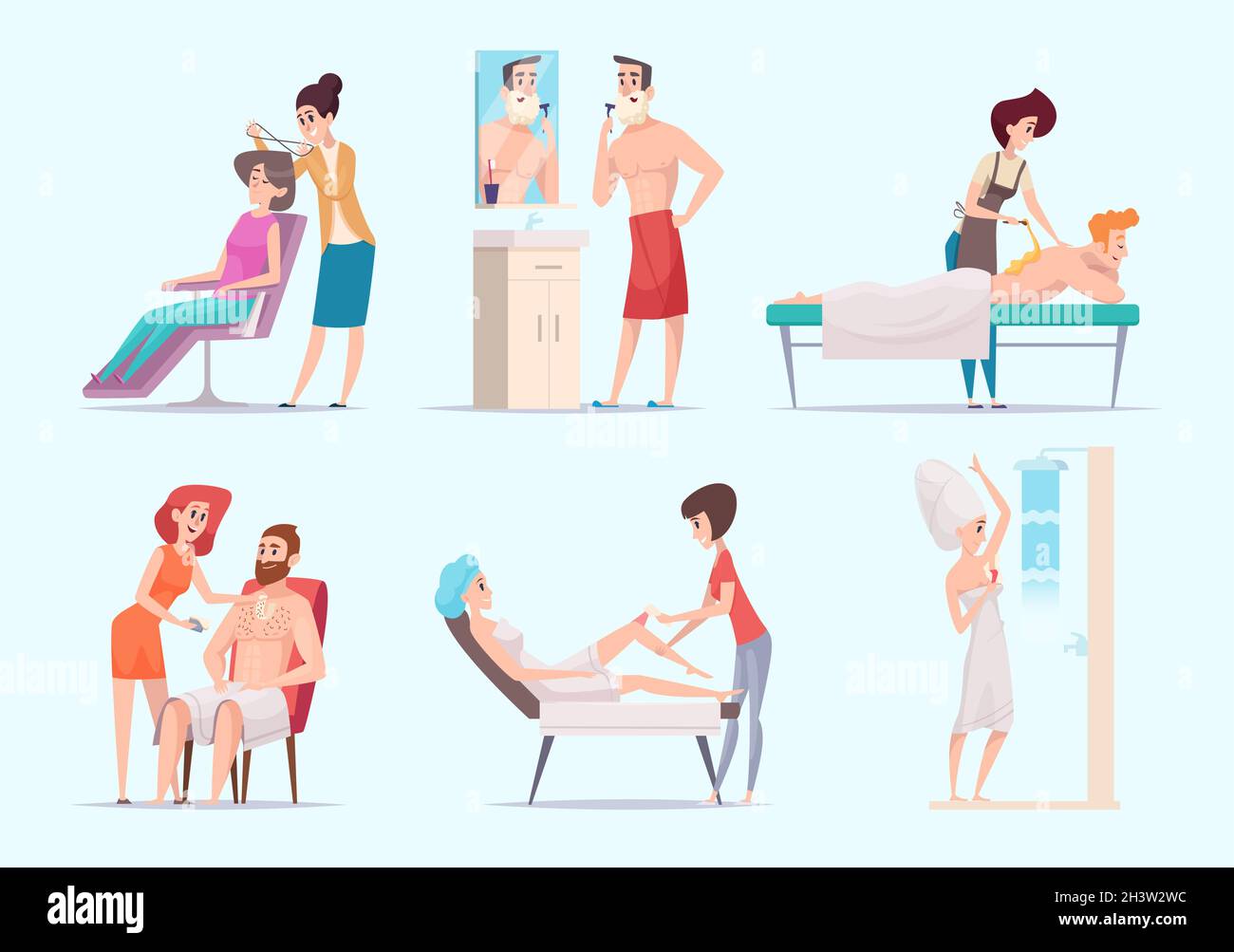 Body depilation. Man and woman laser epilation skin treatment exact vector illustration set Stock Vector