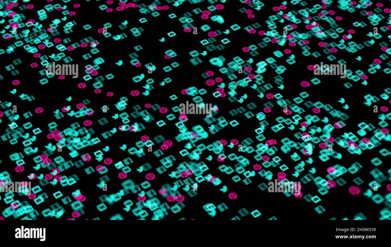 Colorful abstraction of popular social networks and services app icons floating on the black background. Technology, social media and internet backdro Stock Photo