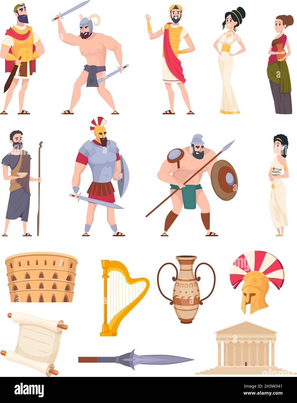 Rome elements. Cultural ancient traditional objects and architectural constructions historic characters coliseum warriors and rome citizens exact Stock Vector