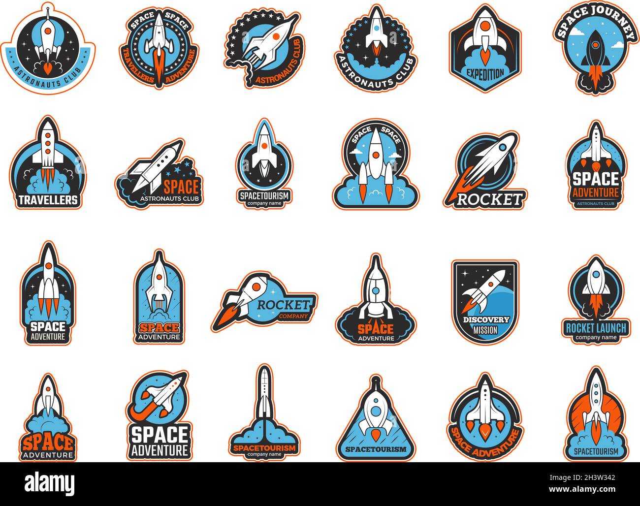 Rocket logo. Infinity shuttle in cosmos lunch startup symbols recent vector illustrations Stock Vector