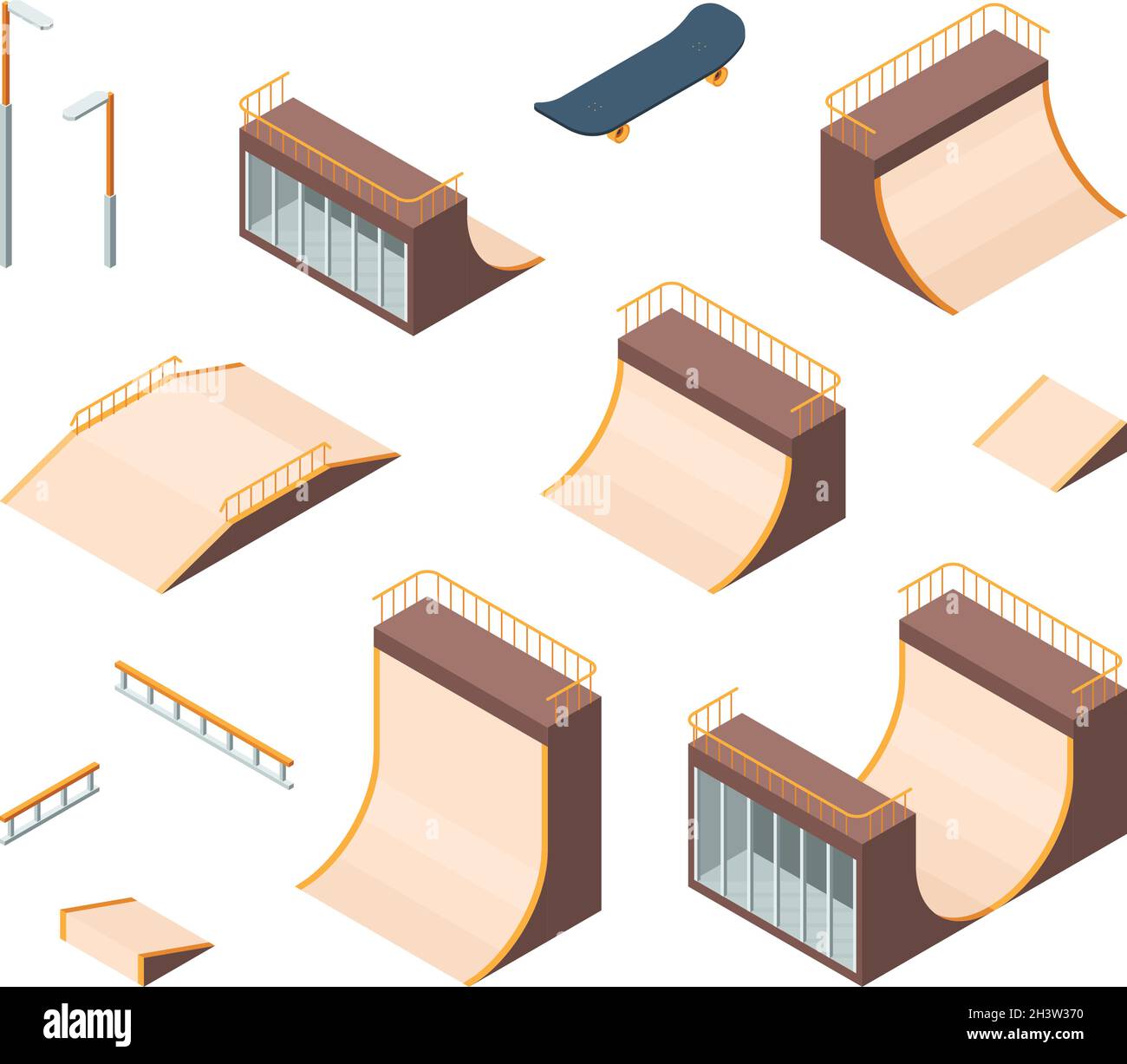 Skate park. Isometric outdoors active characters skateboarders trampoline railings teenagers athlete workout club vector collection Stock Vector